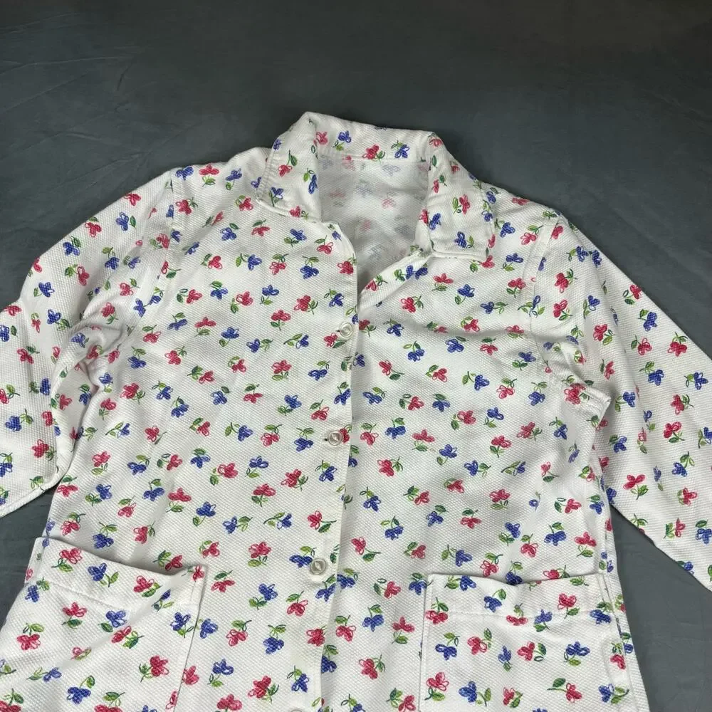 Vintage Grandma Night Gown Waffle Knit Button Down Floral with Pockets O-07